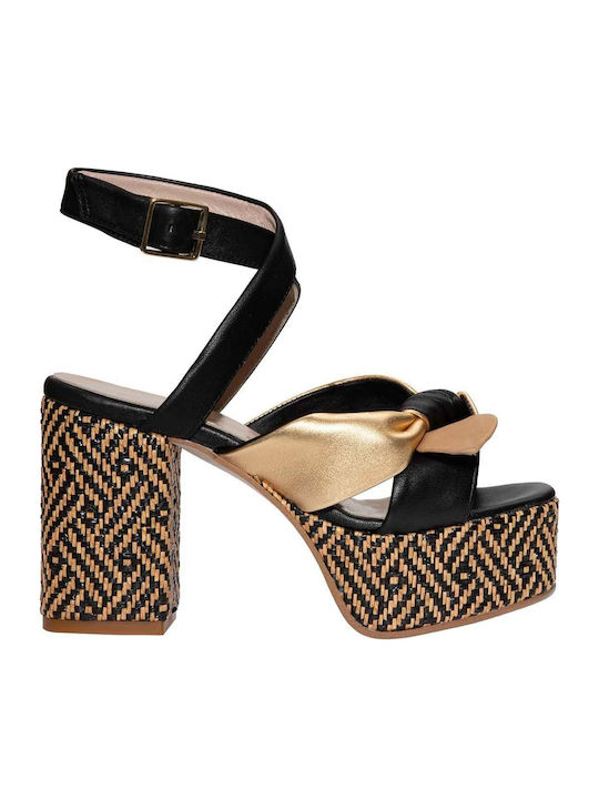 Paola Ferri Platform Leather Women's Sandals with Ankle Strap Black with Chunky High Heel