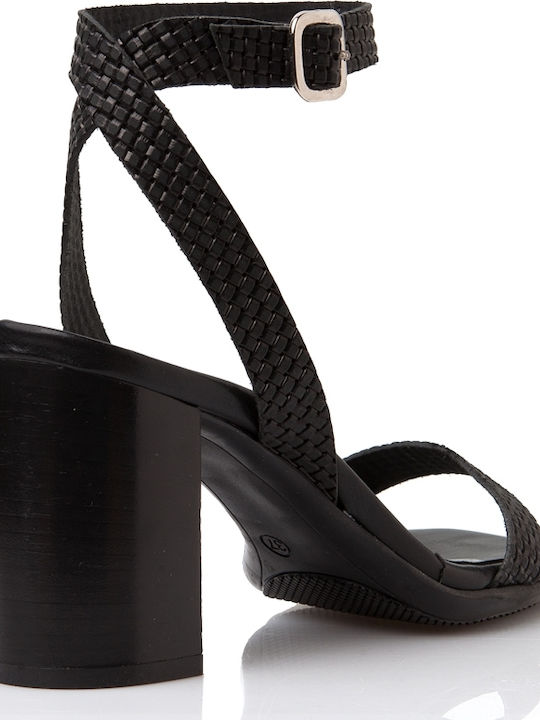 Sante Leather Women's Sandals with Ankle Strap Black with Chunky High Heel