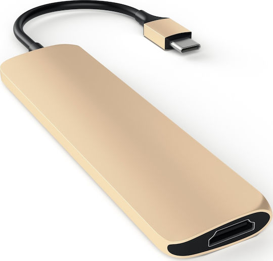 Satechi Slim Aluminum Type-C Multi-Port Adapter USB-C / USB-A Stație de andocare cu 4K PD Ethernet Auriu