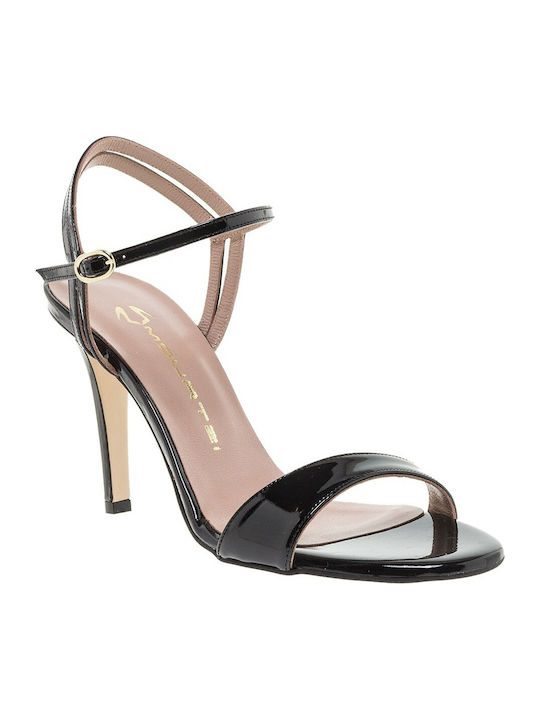 Mourtzi Patent Leather Women's Sandals with Ankle Strap Black with Thin High Heel