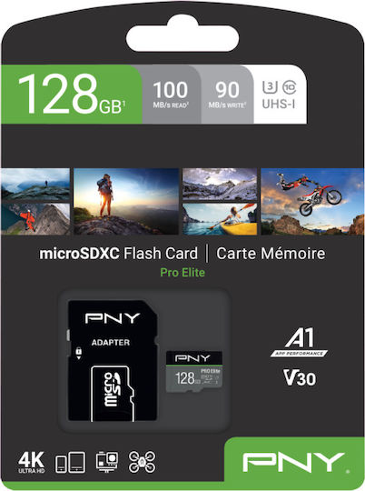PNY Pro Elite microSDXC 128GB U3 V30 A1 UHS-I 100MB/s με αντάπτορα