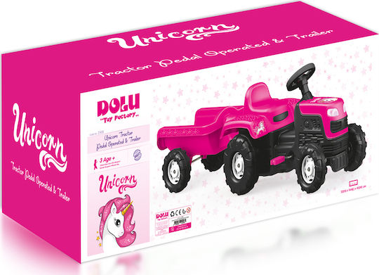 Tractor pentru copii Unicorn De la picior la podea cu caruta si pedala Roz