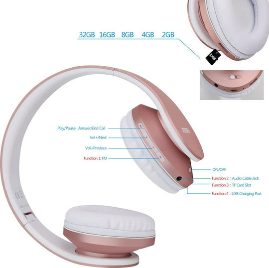 JH-812 Kabellos / Kabelgebunden Über Ohr Kopfhörer mit Radio mit 10 Stunden Betriebszeit Rose Gold