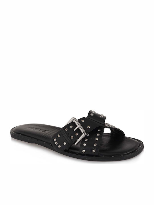 Leather Women's Flat Sandals in Black Color