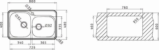Pyramis Space Mini 2B Ένθετος Νεροχύτης Αριστερός Inox Σατινέ Μ80xΠ48cm Ασημί