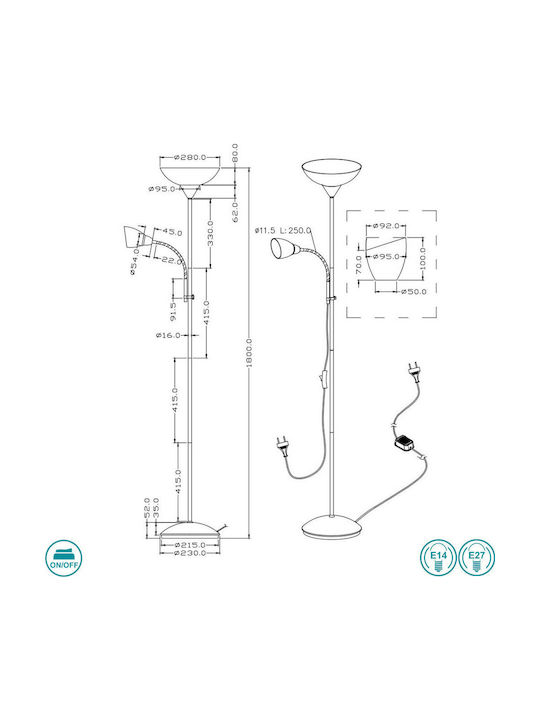 Trio Lighting Erzwo Φωτιστικό Δαπέδου Υ180xΜ28εκ. με Ντουί για Λαμπτήρα E27 Λευκό