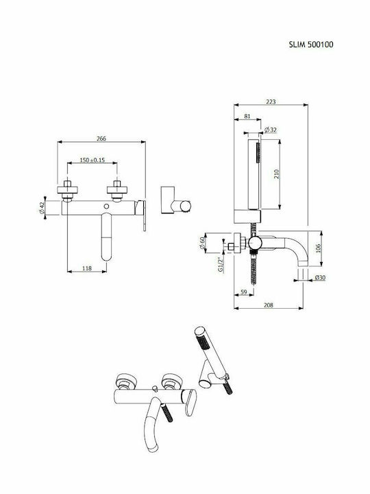 Armando Vicario Slim Mixing Bathtub Shower Faucet Complete Set Gold