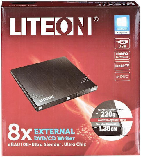 LiteOn eBAU108 Εξωτερικός Οδηγός Εγγραφής/Ανάγνωσης CD/DVD για Laptop / Desktop Μαύρο