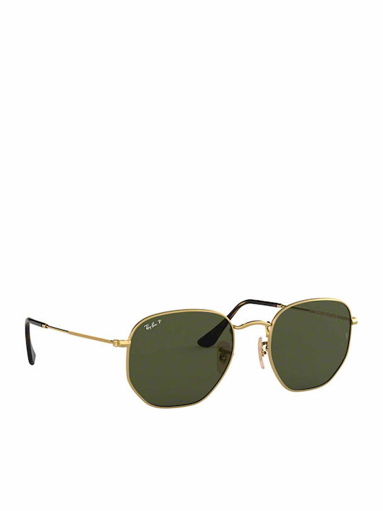 Ray Ban Hexagonal Unisex Sunglasses with Gold Metal Frame and Green Polarized Lens RB3548N 001/58