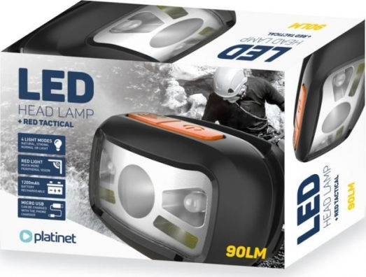 Platinet Rechargeable Headlamp LED IP20 with Maximum Brightness 90lm Head Lamp Black