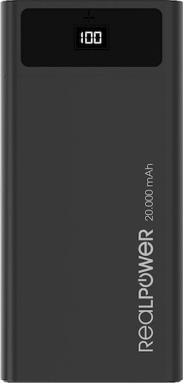 RealPower PB-20k Power Bank 20000mAh 18W mit 2 USB-A Anschlüssen und USB-C Anschluss Stromlieferung Schwarz