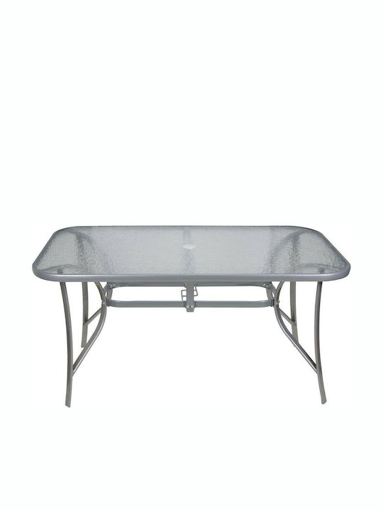 Outdoor Dinner Free Standing Table with Glass Surface and Metal Frame Grey 150x90x72cm