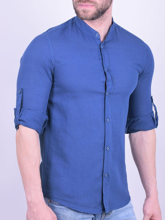 Shirt mao Long-sleeved Linen blue raffia Blue raffia