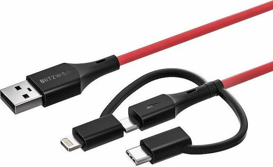 BlitzWolf BW-MT4 Редовна USB към Lightning / Type-C / micro USB Кабел 3Спецификация Червен 0.91м