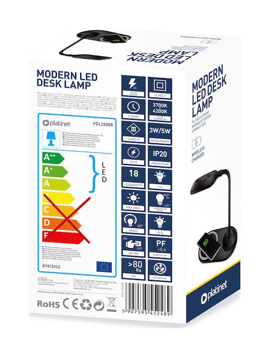 Platinet LED Lumină de Birou Lampă de birou LED + încărcător wireless Qi în Culoarea Negru