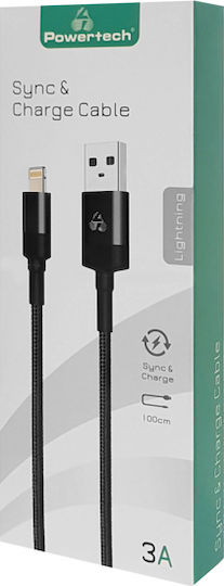 Powertech Плетена USB-A към Lightning кабел Черен 1м (PTR-0082)