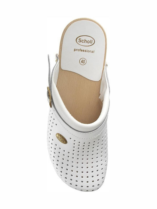 Scholl Super Comfort Leather Anatomic Clogs White