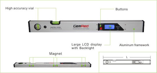 GemRed Three Buttons Digital Level Spirit Level Aluminum Electronic Magnetic 60cm with 2 Eyes