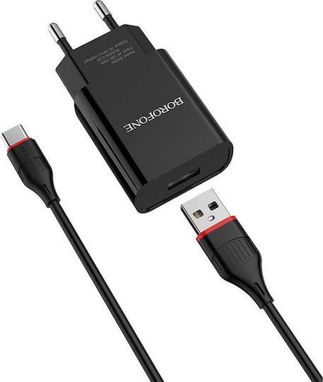 Borofone Φορτιστής με Θύρα USB-A και Καλώδιο USB-C Quick Charge 3.0 / PPS / Quick Charge 2.0 Μαύρος (BA20A)