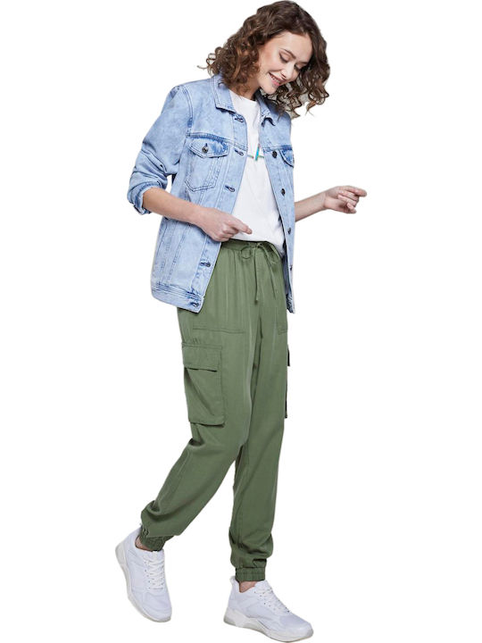 Women's High-waisted Fabric Cargo Trousers Khaki