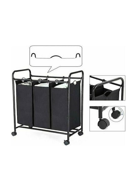 Songmics Καλάθι Απλύτων Μεταλλικό 44lt 77x41x81.5cm Μαύρο Τροχήλατο με 3 Χώρους