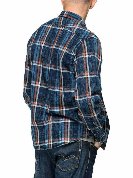 Replay Men's Shirt Long Sleeve Cotton Checked Navy Blue