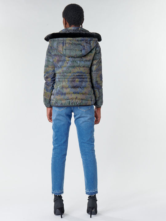 Desigual Artic Kurz Damen Puffer Jacke mit pelziger Kapuze für Winter Mehrfarbig