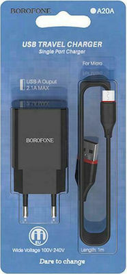 Borofone Φορτιστής με Θύρα USB-A και Καλώδιο micro USB Μαύρος (BA20A)