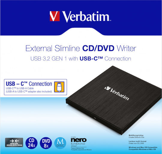 Verbatim External Slimline External DVD/CD Recorder for Laptop / Desktop Black