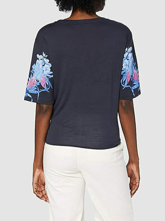 Desigual Mirror Women's Summer Blouse Short Sleeve Floral Navy Blue