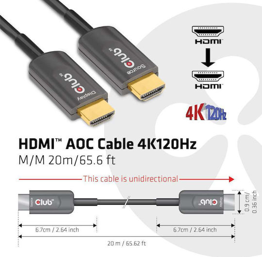 Club3D AOC HDMI 2.1 Ultra High Speed 48Gbps 4K 120Hz HDR VRR Free Angle (180°) Cable HDMI male - HDMI male Length 20m Colour Black