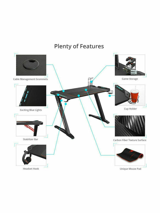 Gaming Office Z1-S Wooden Black with Metal Legs & LED 113x61.5x77.5cm