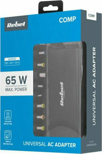 Rebel Universal Laptop Charger 65W 20V 3.5A with Detachable Power Cord and Plug Set