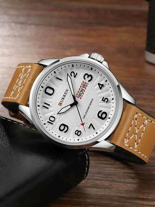 Curren Ανδρικό Ρολόι 45mm Μπαταρίας με Καφέ Δερμάτινο Λουράκι