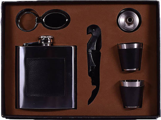 SP Souliotis Set Trinkflasche Rostfreier Stahl mit Schlüsselanhänger Schnapsgläser Feuerzeug & Trichter Silber 178ml