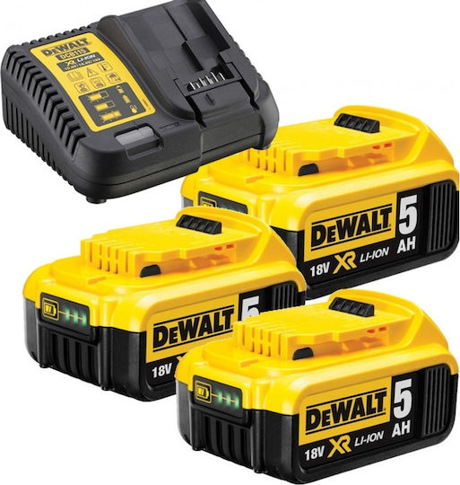 Dewalt Комплект 3 Батерии за Инструменти Литиеви 18V Капацитет 5Ах със Зарядно