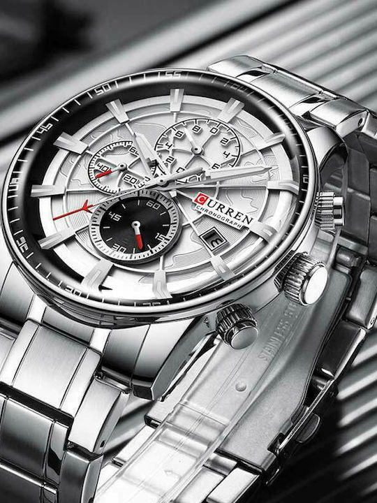 Curren Men's Watch 47mm Chronograph Battery with Silver Metal Bracelet