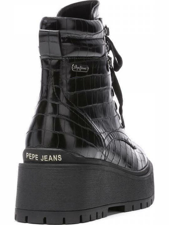 Bobbing Croco Women's Patent Leather Ankle Boots with Medium Heel Black