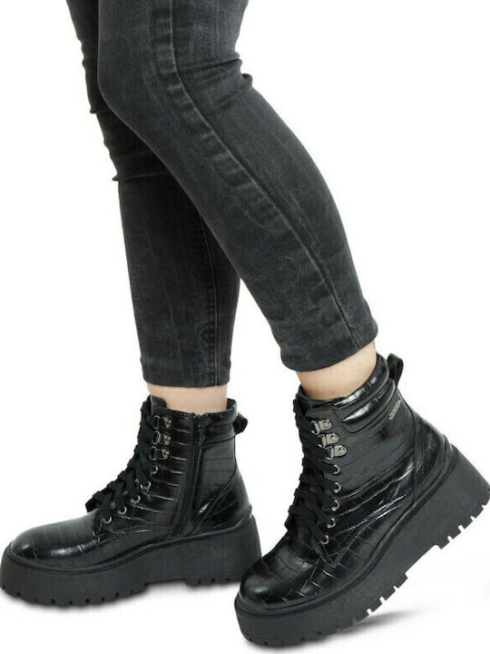 Bobbing Croco Women's Patent Leather Ankle Boots with Medium Heel Black