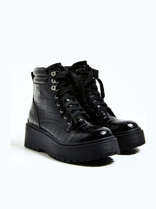 Bobbing Croco Women's Patent Leather Ankle Boots with Medium Heel Black