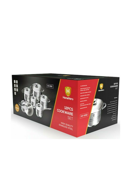 HomeVero Cookware Set of Stainless Steel with No Coating Silver 12pcs