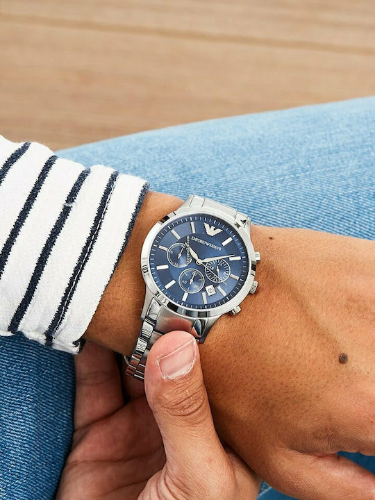 Emporio Armani Renato Herrenuhr 43mm Chronograph Batterie mit Silber Metallarmband