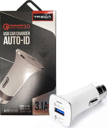 Treqa Auto-Ladegerät 18W 3.1A Schnellladung mit einem Anschluss: 1xUSB Weiß Farbe