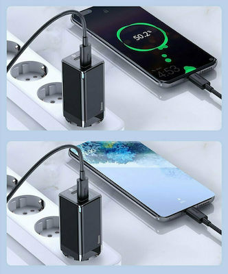 Baseus mit USB-A Anschluss und USB-C Anschluss und Kabel USB-C 45W Stromlieferung / Schnellaufladung 3.0 Schwarz (GaN2)