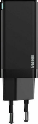 Baseus mit USB-A Anschluss und USB-C Anschluss und Kabel USB-C 45W Stromlieferung / Schnellaufladung 3.0 Schwarz (GaN2)