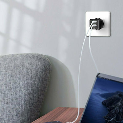 Baseus mit USB-A Anschluss und USB-C Anschluss und Kabel USB-C 45W Stromlieferung / Schnellaufladung 3.0 Schwarz (GaN2)