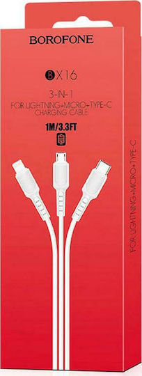 Borofone BX16 Regulär USB zu Blitzschlag / Typ-C,TC-TC / Micro-USB Kabel Weiß 1m