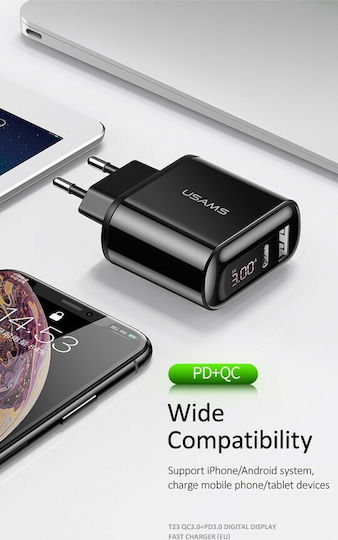 Usams Charger Without Cable with USB-A Port and USB-C Port 18W Blacks (CC085)