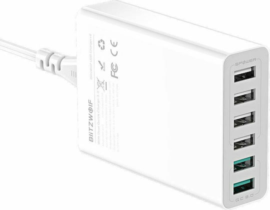 BlitzWolf Ladestation mit 6 USB-A Anschlüsse 60W Schnellaufladung 3.0 in Weiß Farbe (BW-S15)