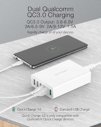 BlitzWolf Ladestation mit 6 USB-A Anschlüsse 60W Schnellaufladung 3.0 in Weiß Farbe (BW-S15)